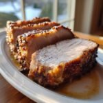 Close-up of three juicy slices of Air Fryer Pork Tenderloin with a dark, caramelized crust resting in its juices.