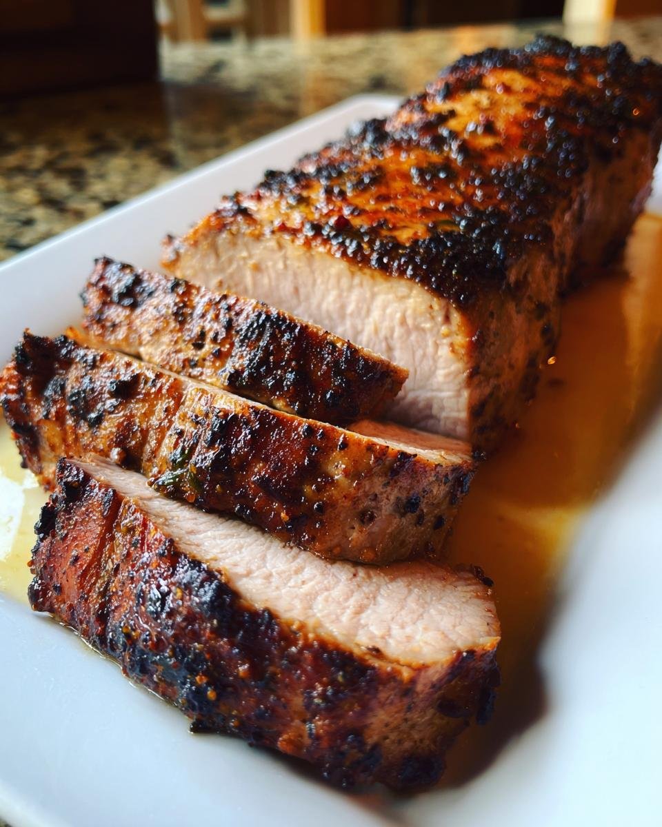 Close-up of a Juicy Grilled Pork Tenderloin, sliced to show its perfectly cooked, pink interior and dark, seasoned crust.