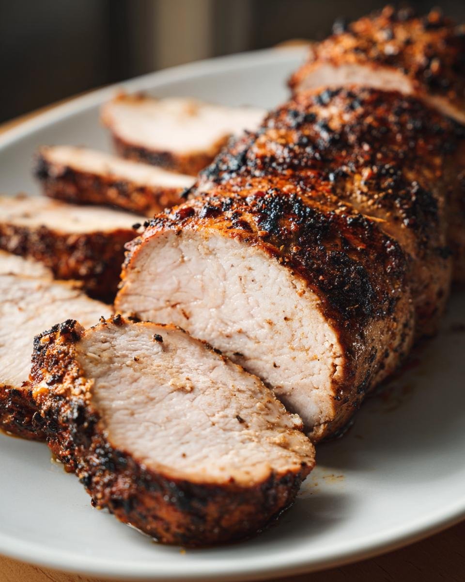 Close-up of a sliced Juicy Grilled Pork Tenderloin showing a perfectly cooked, moist interior and dark spice crust.