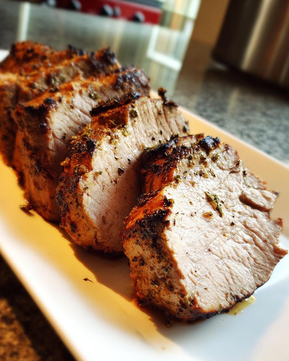 Close-up of four thick slices of Juicy Grilled Pork Tenderloin, showing a perfectly cooked, moist interior and seasoned crust.