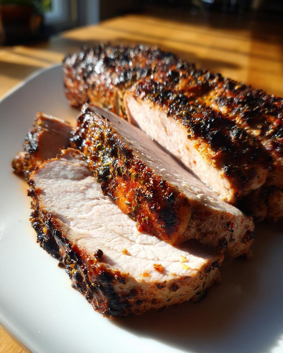 Close-up of four thick slices of Juicy Grilled Pork Tenderloin, showing a perfectly cooked, moist interior and seasoned crust.