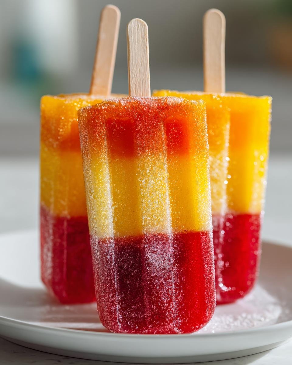 Three frosty, layered Bahama Mama Ice Pops featuring vibrant red and yellow fruit layers on a white plate.