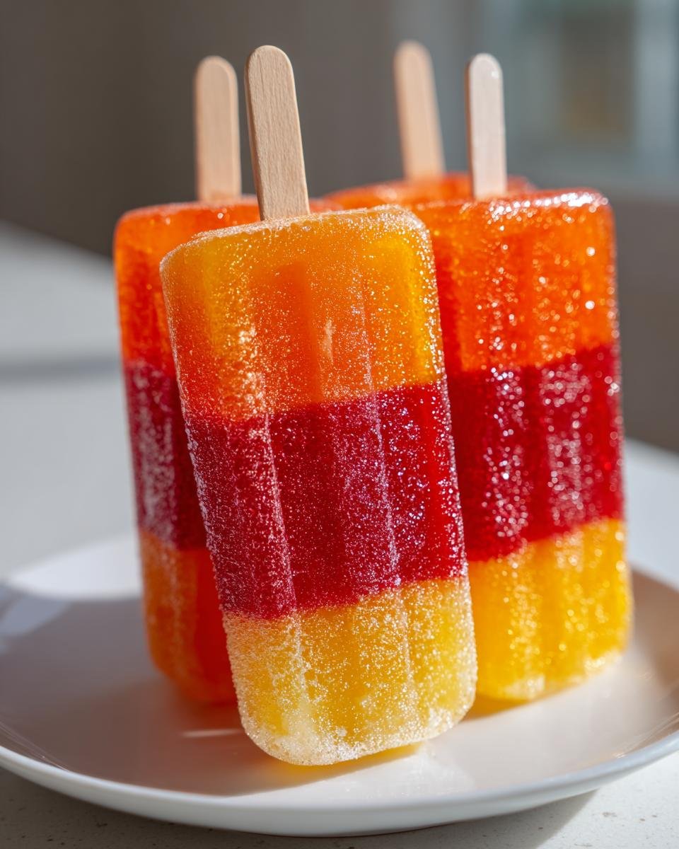 Three vibrant, layered Bahama Mama Ice Pops showing orange, red, and yellow frozen sections on a white plate.