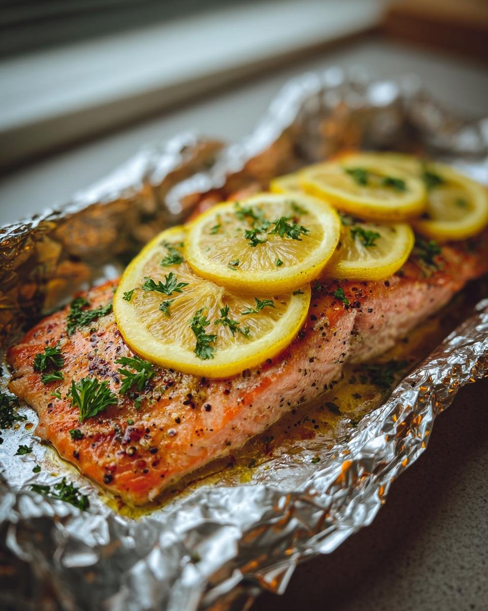 Close-up of a cooked salmon fillet seasoned with pepper and topped with lemon slices in a foil packet.