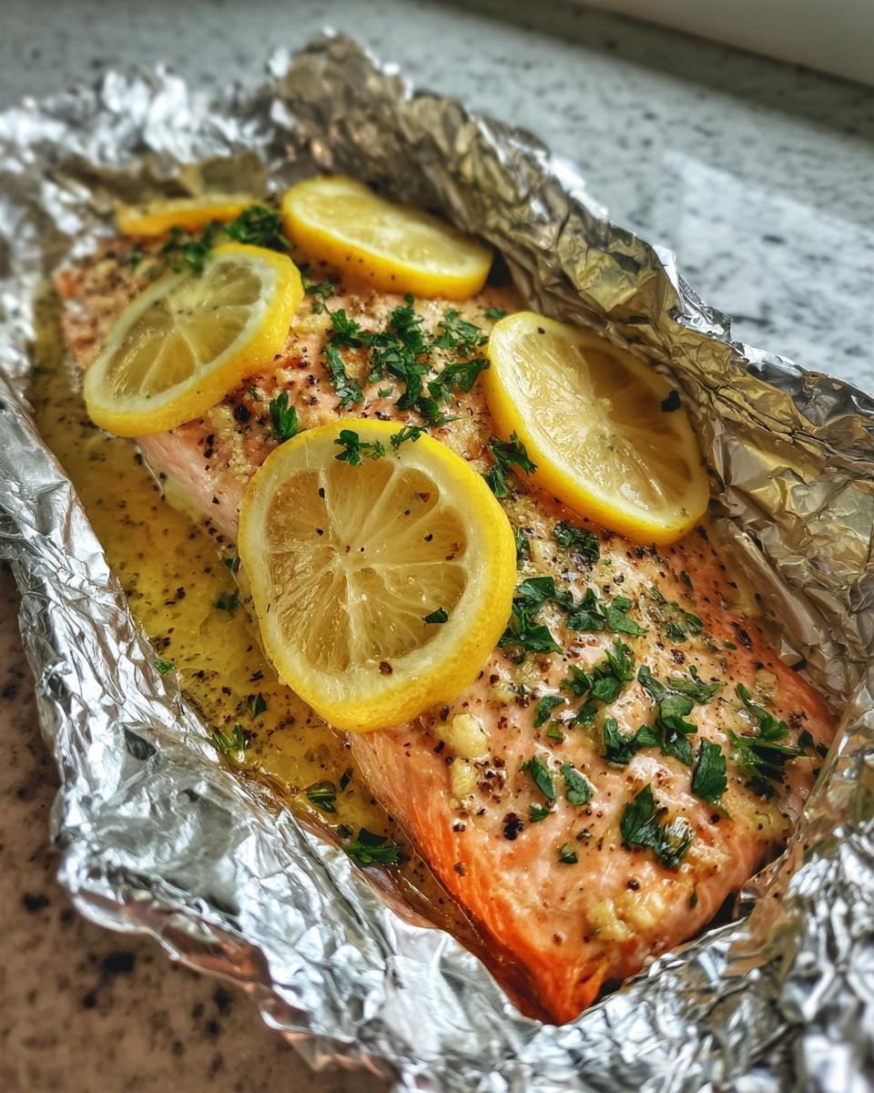 Close-up of a cooked Lemon Pepper Salmon Foil Packets seasoned with herbs and topped with fresh lemon slices.