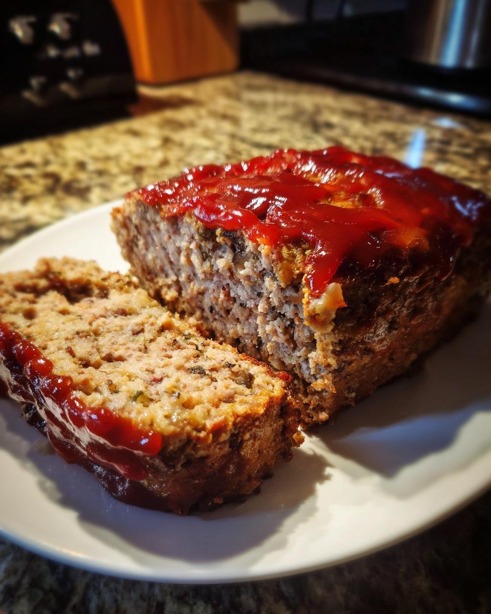 A close-up of a sliced Lipton Onion Soup Meatloaf topped with a thick, glossy ketchup glaze on a white plate.