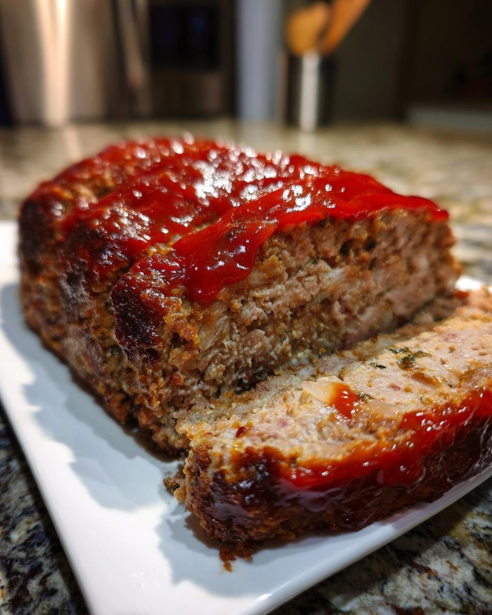 A close-up of a sliced Lipton Onion Soup Meatloaf topped with a shiny red ketchup glaze.