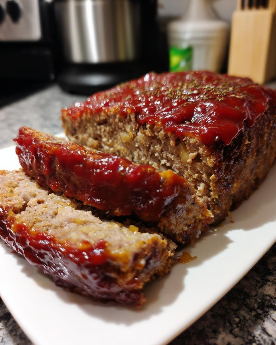 A moist Lipton Onion Soup Meatloaf, partially sliced, topped with a thick, shiny ketchup glaze and dried herbs.