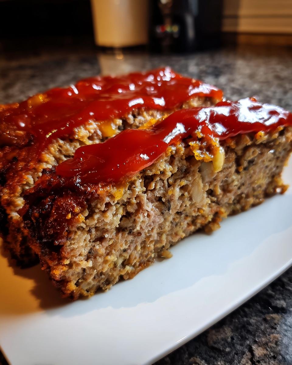 Close-up of two slices of moist Lipton Onion Soup Meatloaf topped with a shiny red ketchup glaze.