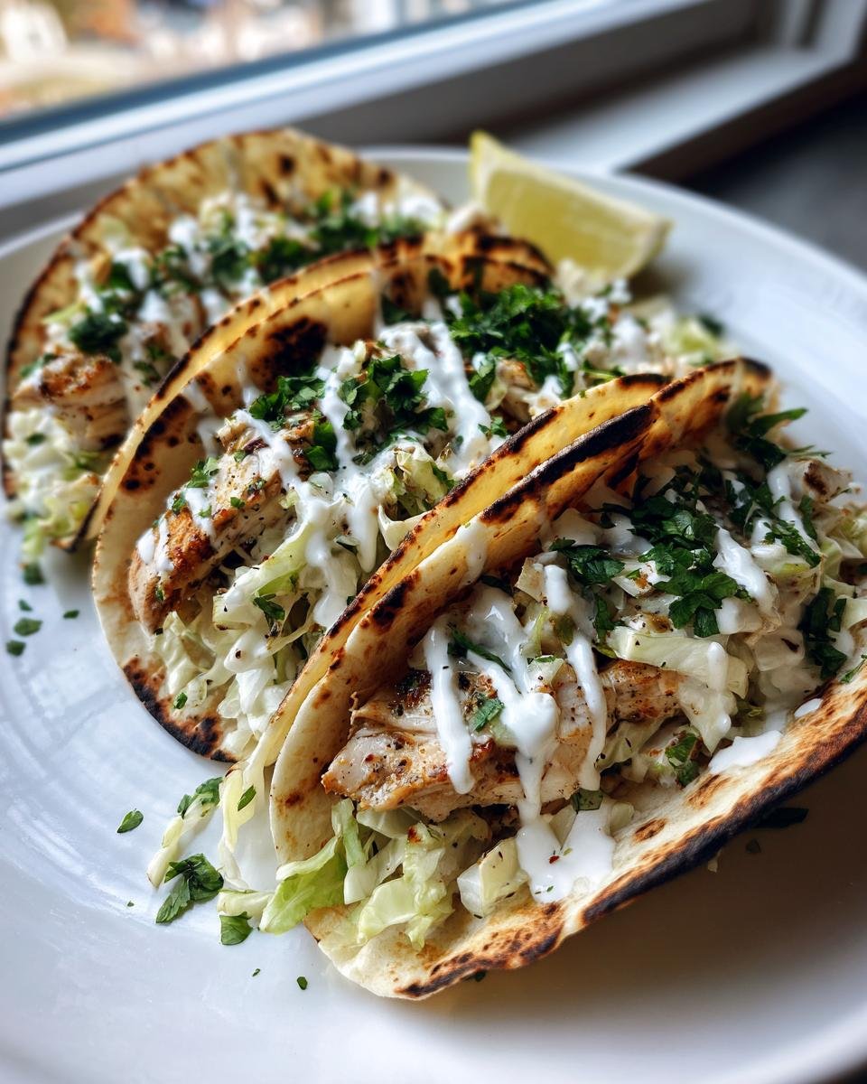 Three grilled Mahi Mahi Fish Tacos topped with slaw, white sauce, and cilantro, served with a lime wedge.