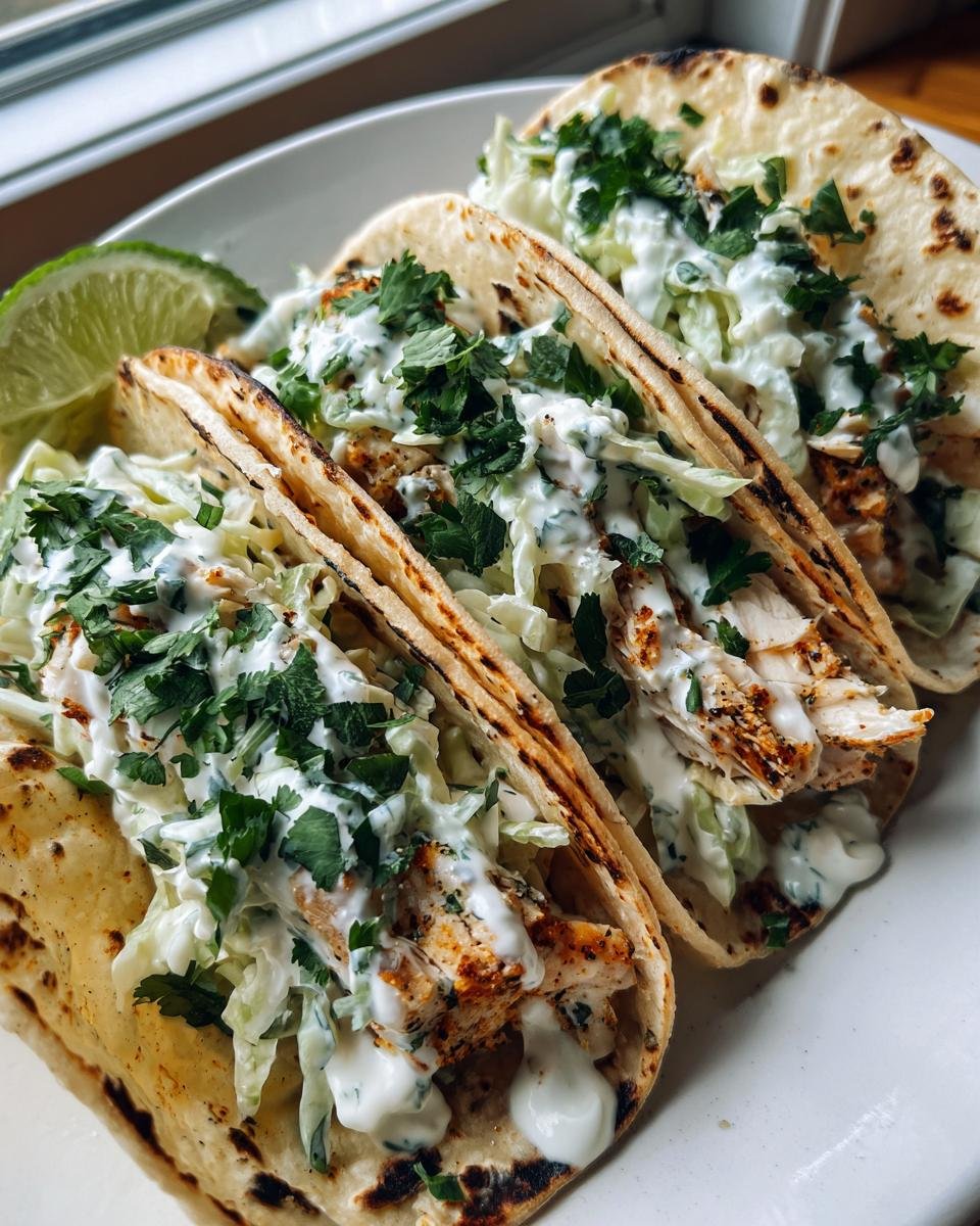 Close-up of three grilled Mahi Mahi Fish Tacos topped with creamy slaw and fresh cilantro, served with a lime wedge.