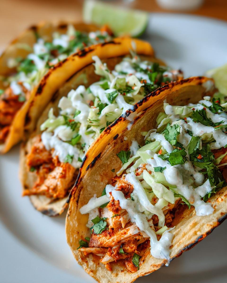 Three charred tortillas filled with seasoned Mahi Mahi Fish Tacos, topped with slaw and white sauce.