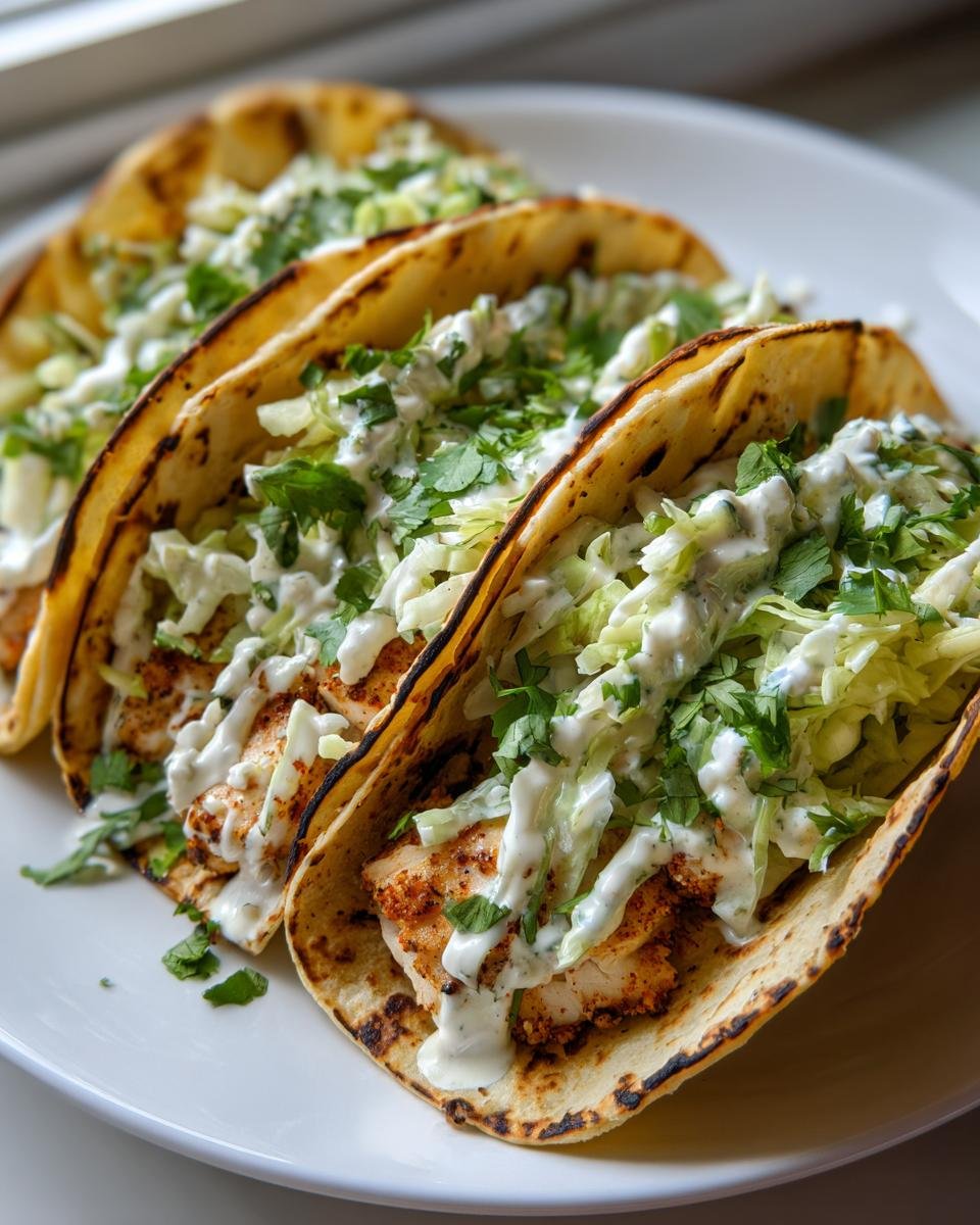 Three grilled Mahi Mahi Fish Tacos loaded with slaw and creamy sauce on a white plate.