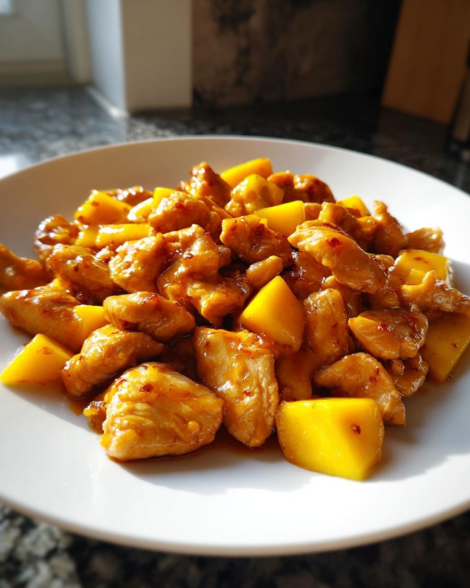 Close-up of bite-sized pieces of glazed Mango Chicken mixed with bright yellow mango chunks on a white plate.