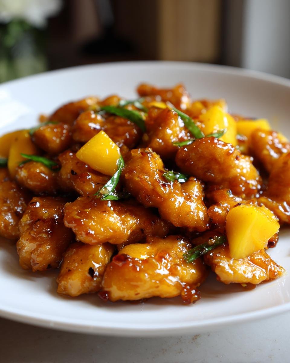 Close-up of glossy, saucy pieces of Mango Chicken mixed with bright yellow mango chunks and green scallions.
