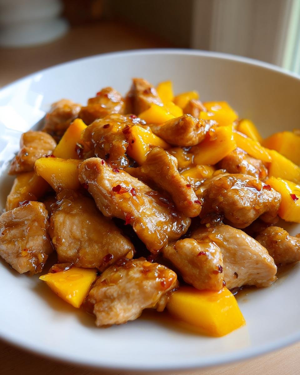 Close-up of bite-sized pieces of glazed Mango Chicken mixed with bright yellow mango chunks and chili flakes.