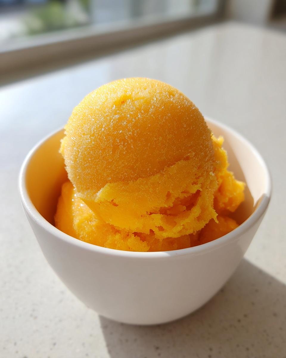 A perfect scoop of vibrant orange Mango Sorbet resting in a small white bowl, glistening in natural light.