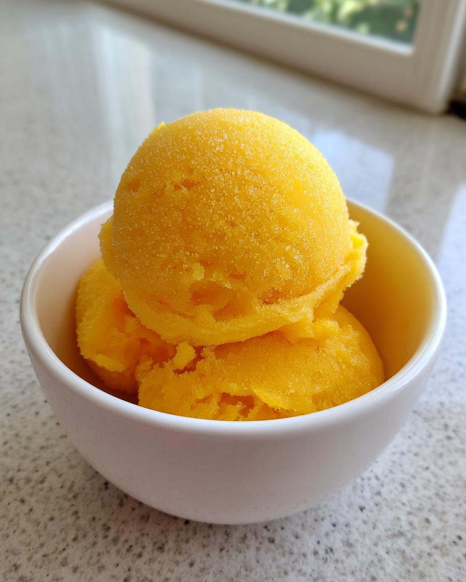 Two scoops of bright yellow, icy Mango Sorbet sprinkled with sugar crystals, served in a small white bowl.