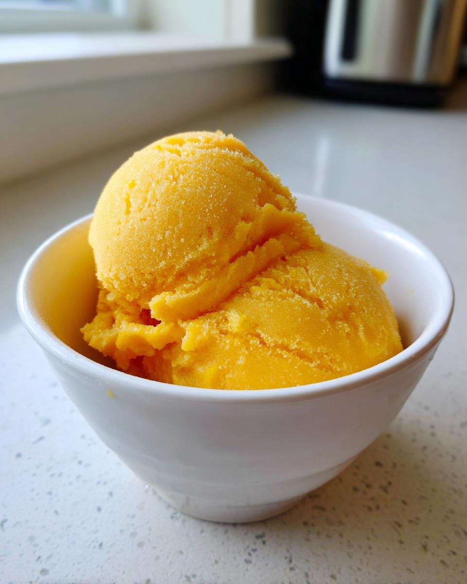 Two scoops of vibrant yellow Mango Sorbet resting in a small white bowl on a light countertop.