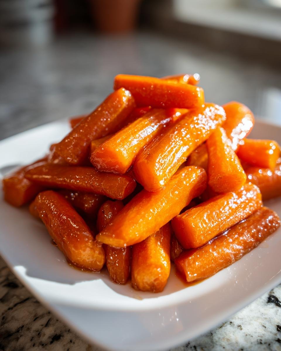 A close-up of glistening, glazed Maple Roasted Carrots piled high on a white serving dish.