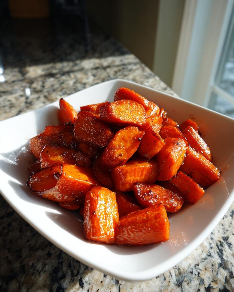 A white bowl filled with shiny, glazed Maple Roasted Carrots sitting on a granite countertop.