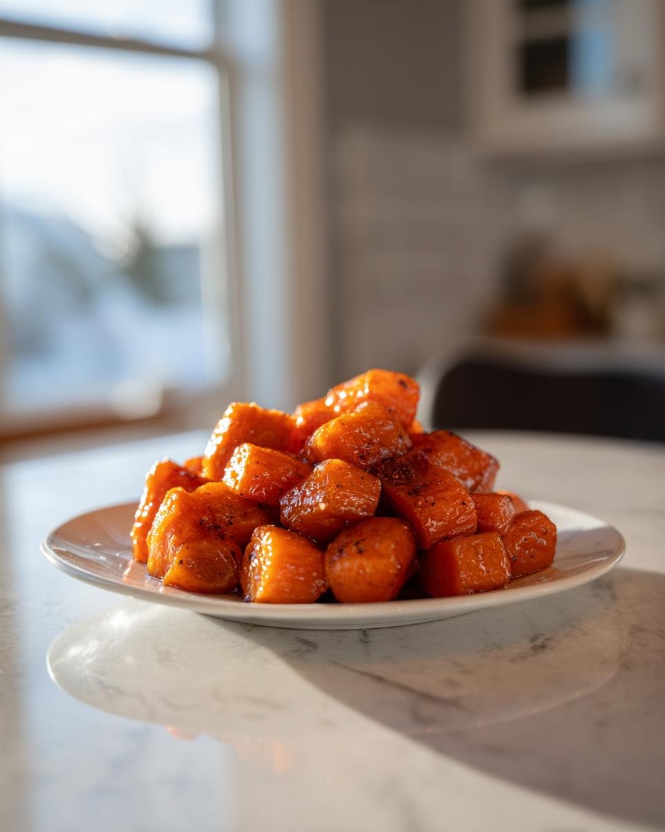 A pile of glistening, glazed Maple Roasted Carrots served on a small white plate.