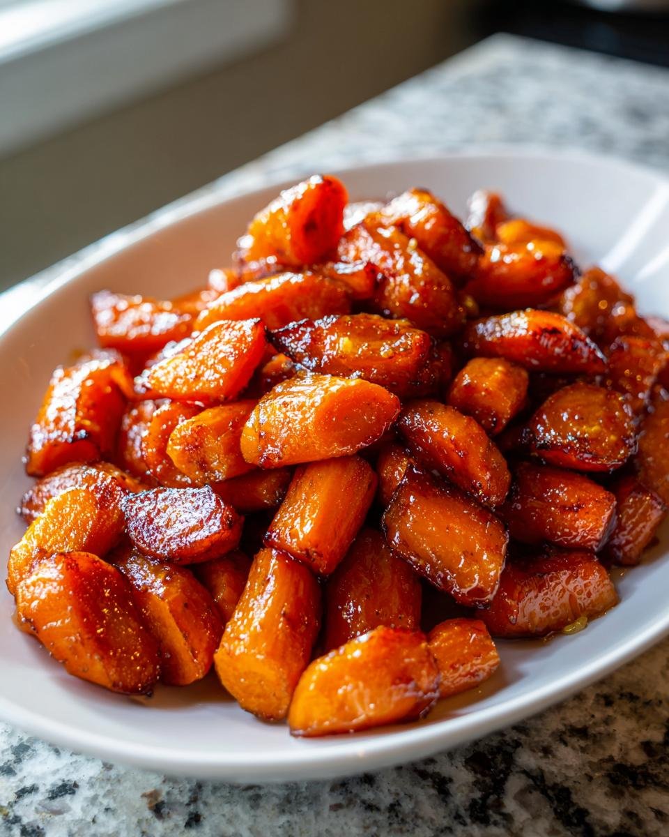 A close-up of shiny, glazed Maple Roasted Carrots piled high on a white serving dish.