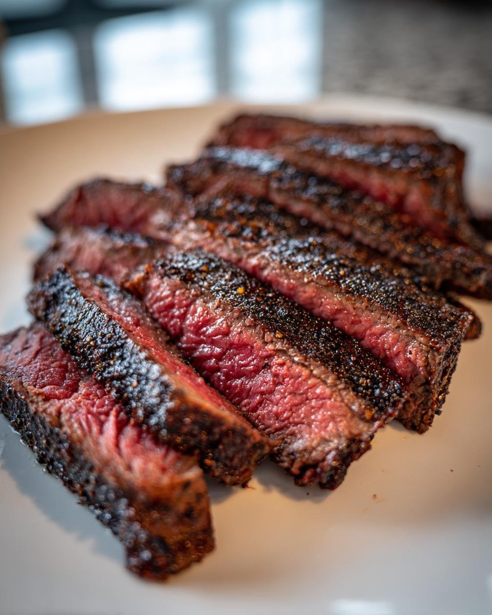 Close-up of perfectly cooked, medium-rare Marinated London Broil, sliced against the grain on a white plate.