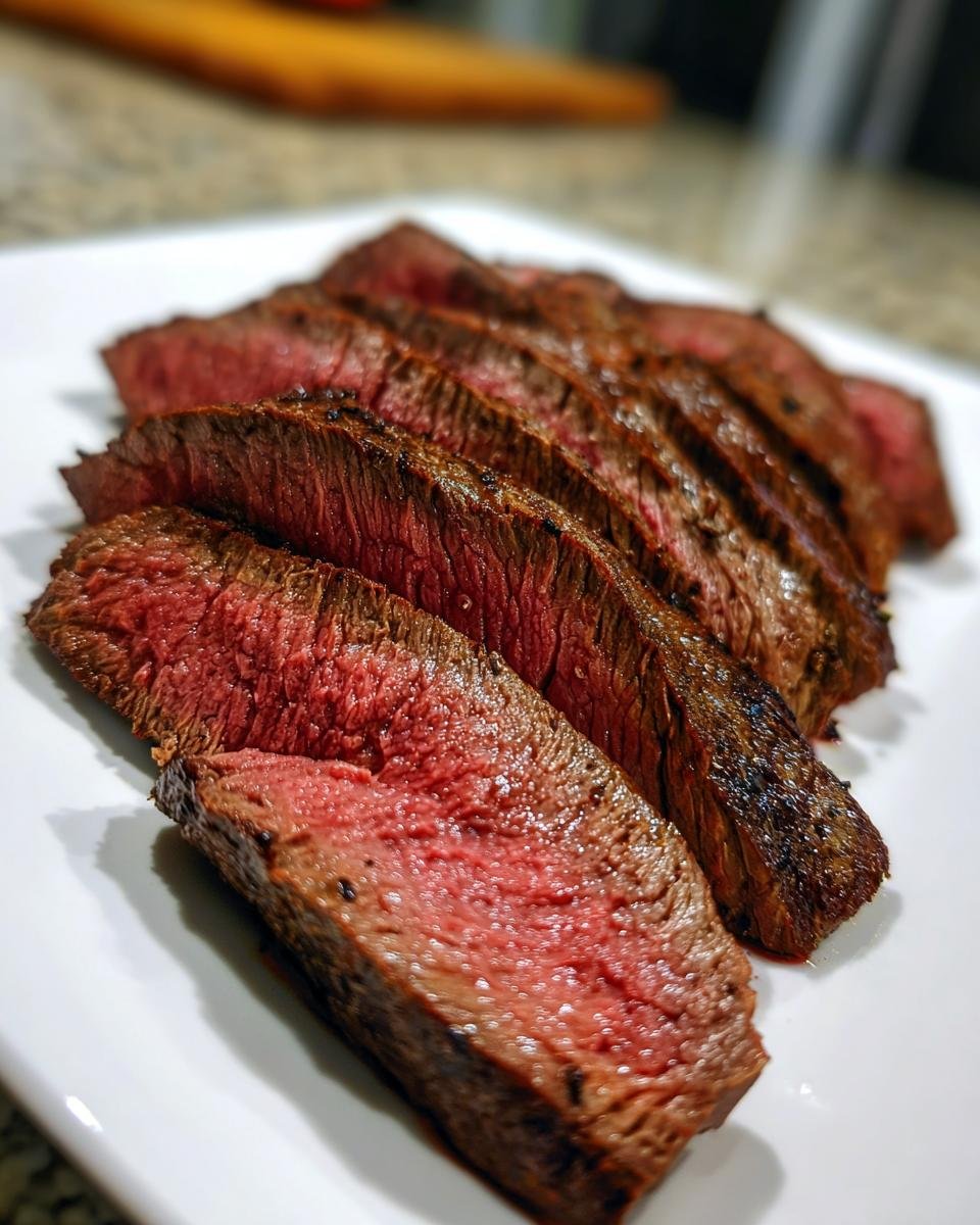Close-up of perfectly cooked Marinated London Broil, sliced medium-rare, showing juicy pink center.