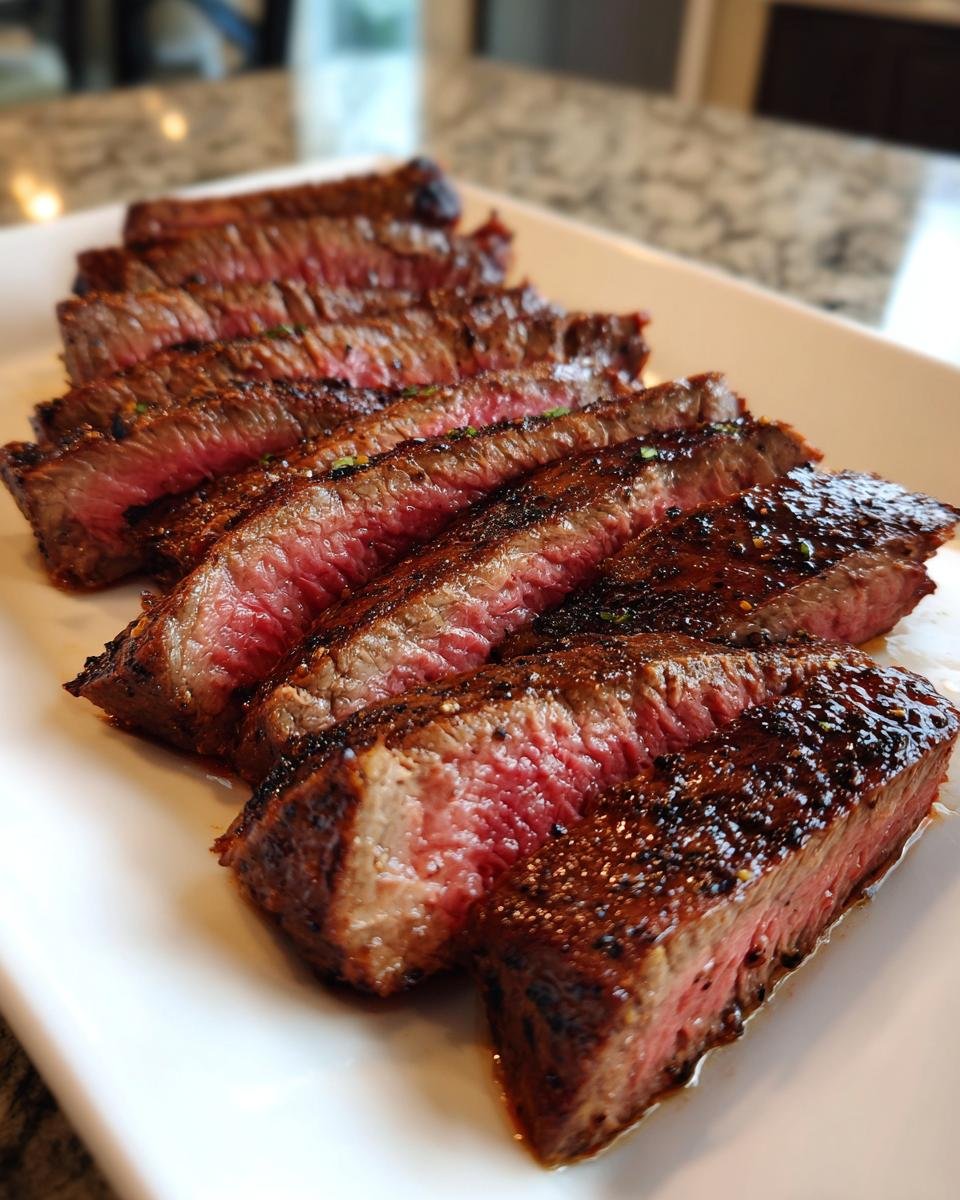 Close-up of perfectly sliced Marinated London Broil steak showing a medium-rare pink center and a dark, seasoned crust.
