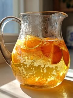 A glass Mimosa Pitcher Cocktail filled with bubbly, orange-hued liquid and fresh orange slices, sitting in sunlight.
