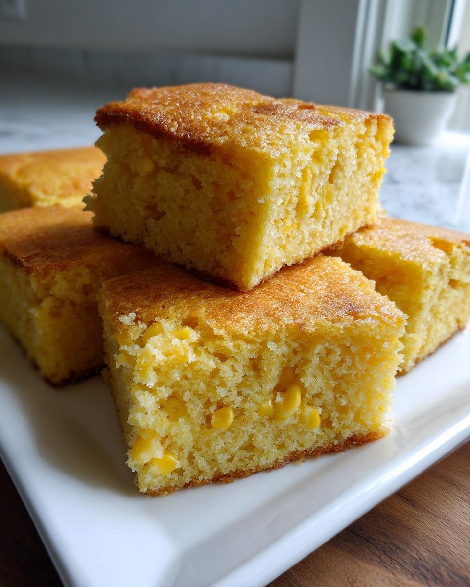 Close-up of stacked, golden squares of moist Cornbread Casserole with visible whole corn kernels.