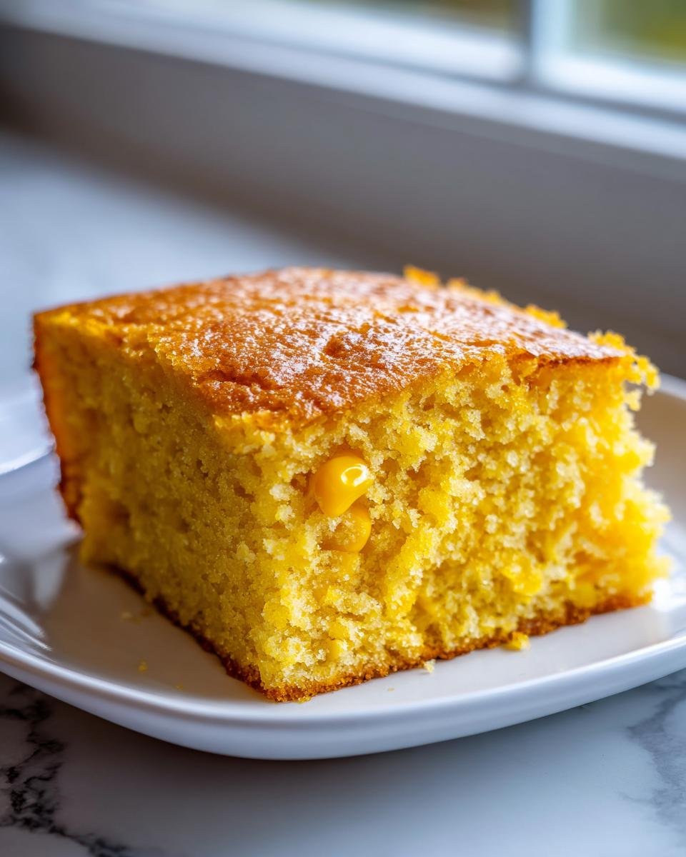 A square slice of moist Cornbread Casserole, studded with whole corn kernels, served on a white plate.