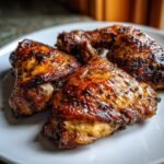 Close-up of three pieces of beautifully glazed Mojo Chicken with crispy, dark seasoning on a white plate.