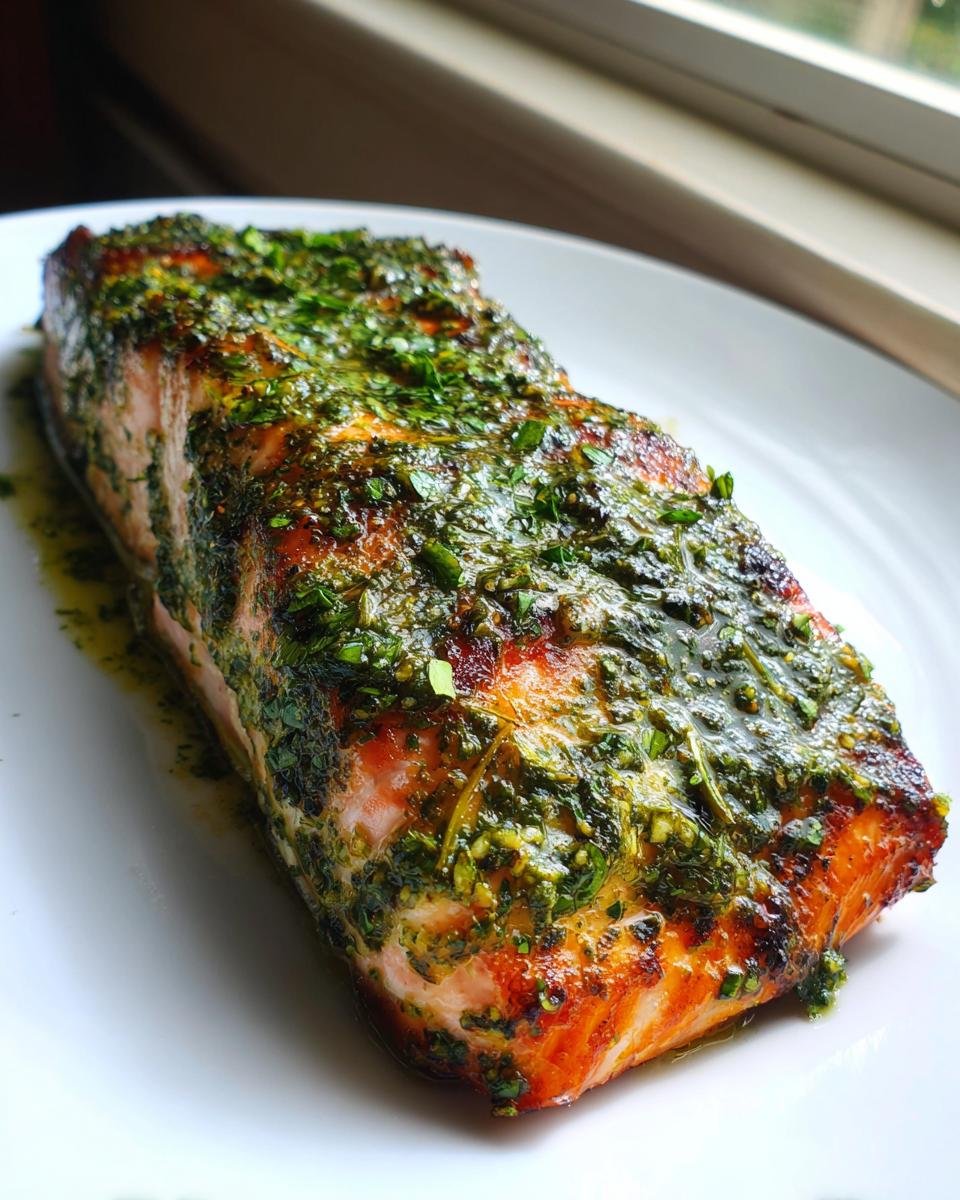 Close-up of a perfectly cooked Oven Baked Pesto Salmon fillet on a white plate.