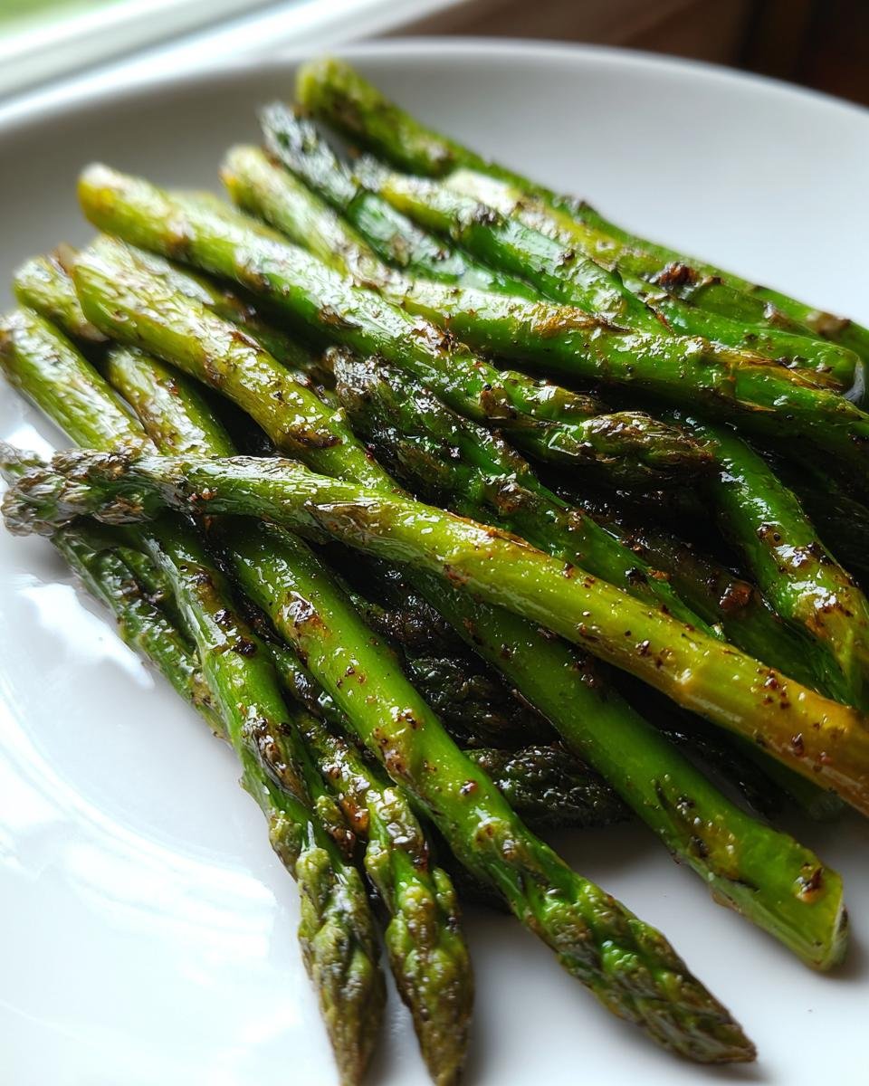 Close-up of bright green Oven Roasted Asparagus spears lightly charred and glistening on a white plate.