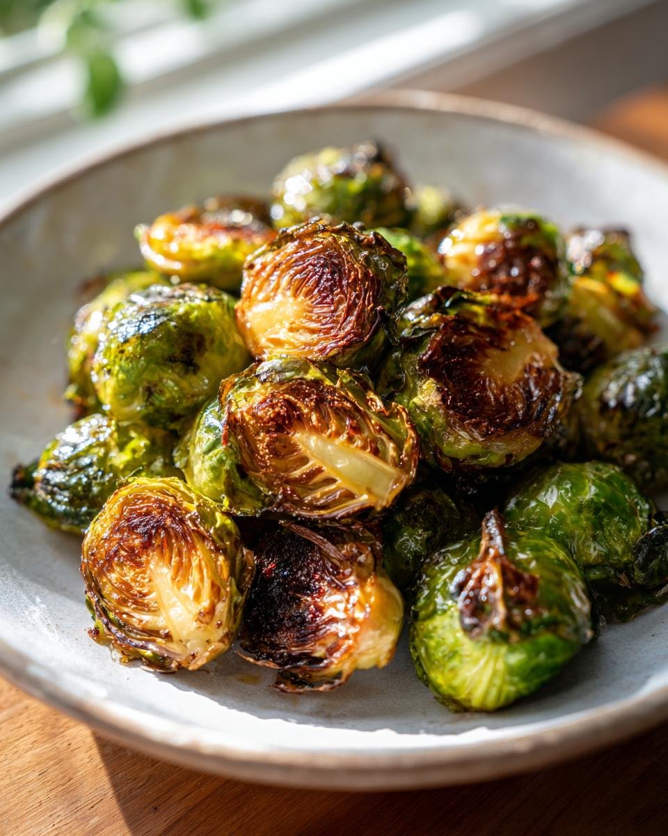 Close-up of beautifully caramelized Oven Roasted Brussels Sprouts in a light-colored bowl.
