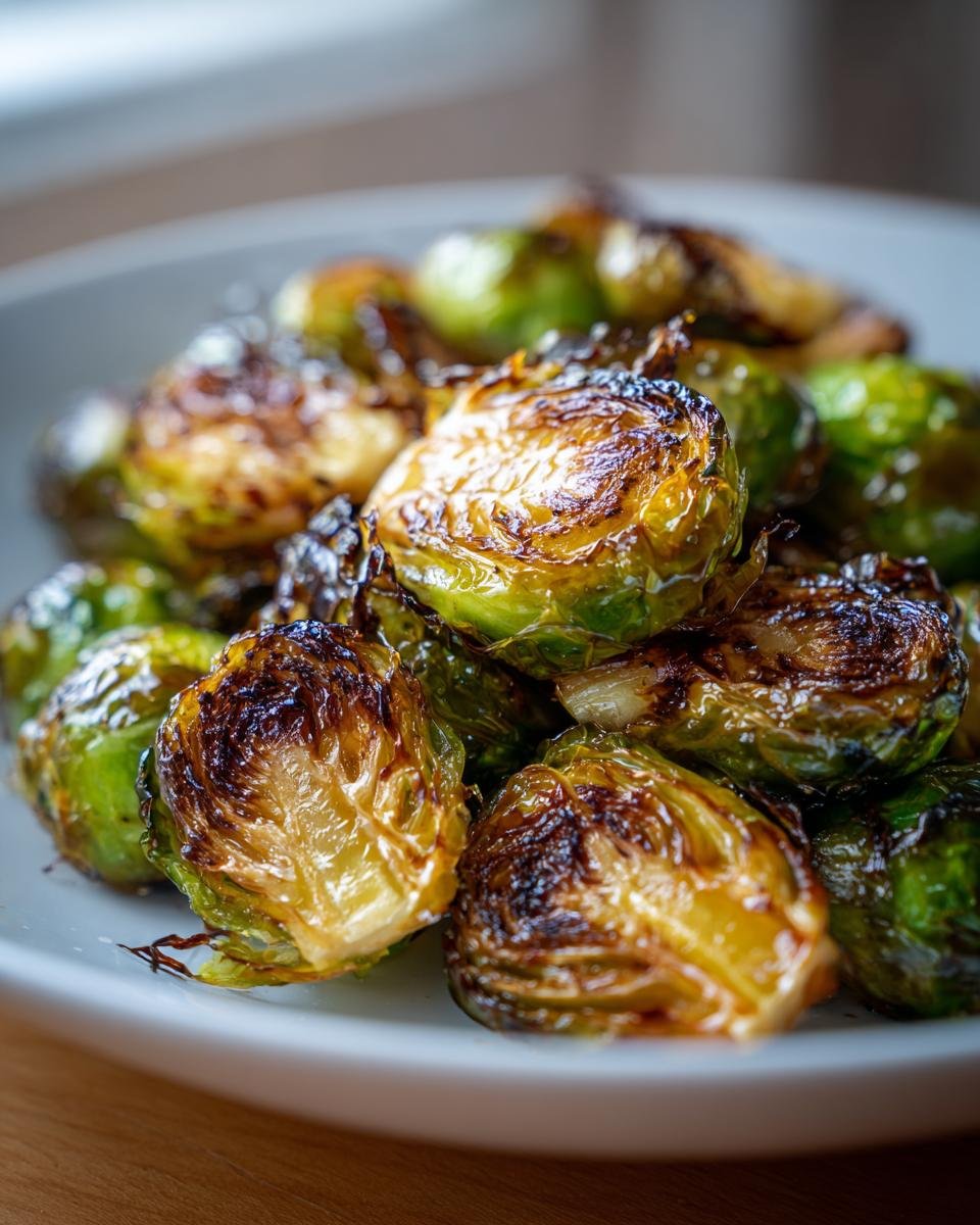 Close-up of beautifully caramelized Oven Roasted Brussels Sprouts piled high on a white plate.