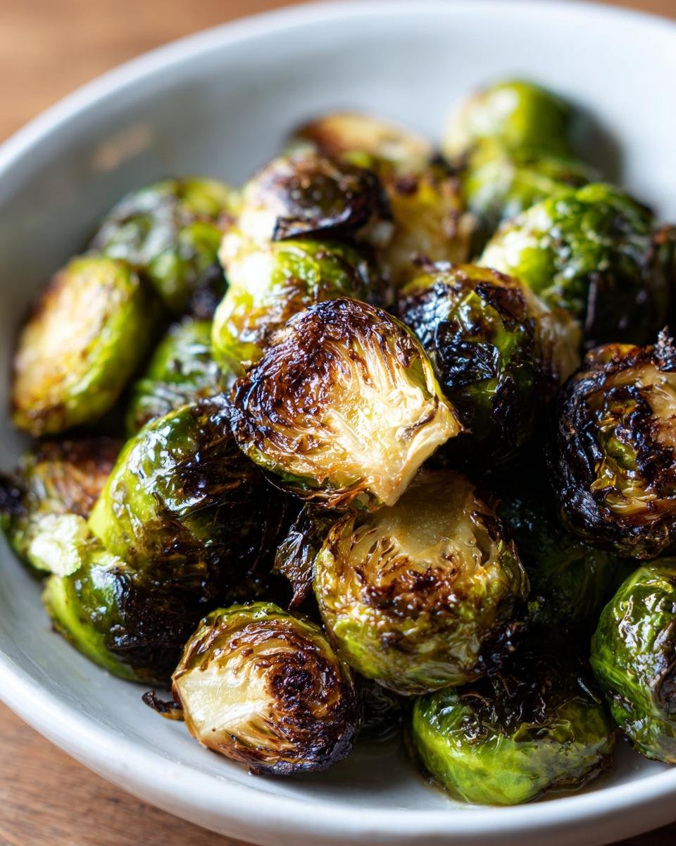 Close-up of perfectly caramelized Oven Roasted Brussels Sprouts in a white bowl.