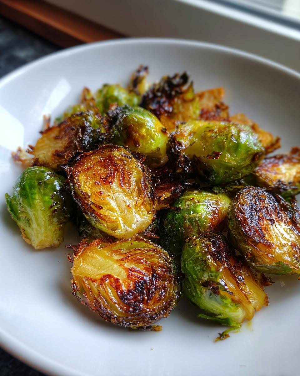 Close-up of perfectly caramelized Oven Roasted Brussels Sprouts in a white bowl.