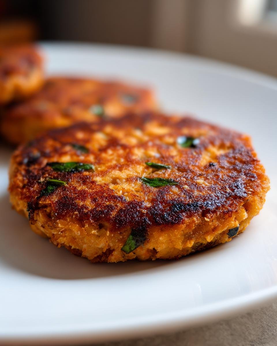 Close-up of a golden-brown, pan-seared Salmon Burger patty with visible green herbs on a white plate.