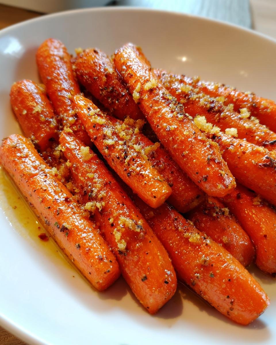 A close-up of bright orange Parmesan Garlic Roasted Carrots glistening with oil and topped with minced garlic and herbs.