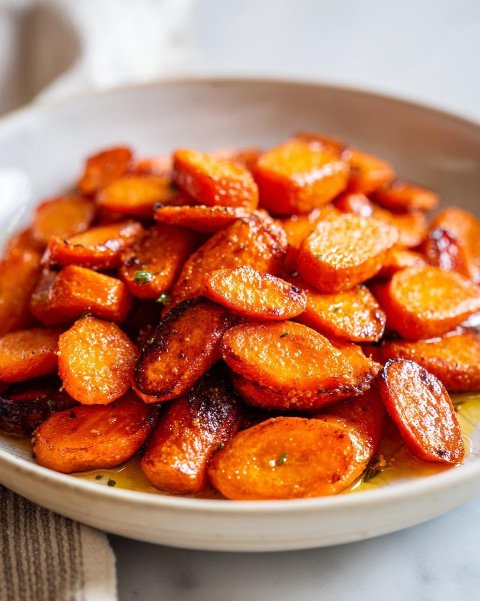 Close-up of glossy, roasted, sliced Parmesan Garlic Roasted Carrots glistening with oil in a light bowl.