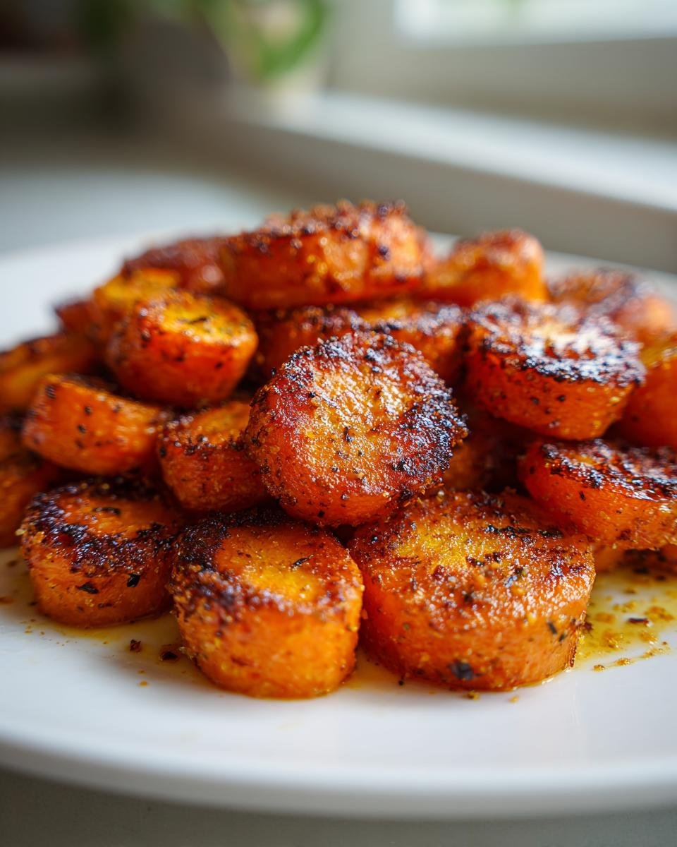 A pile of perfectly roasted, caramelized Parmesan Garlic Roasted Carrots seasoned with herbs on a white plate.