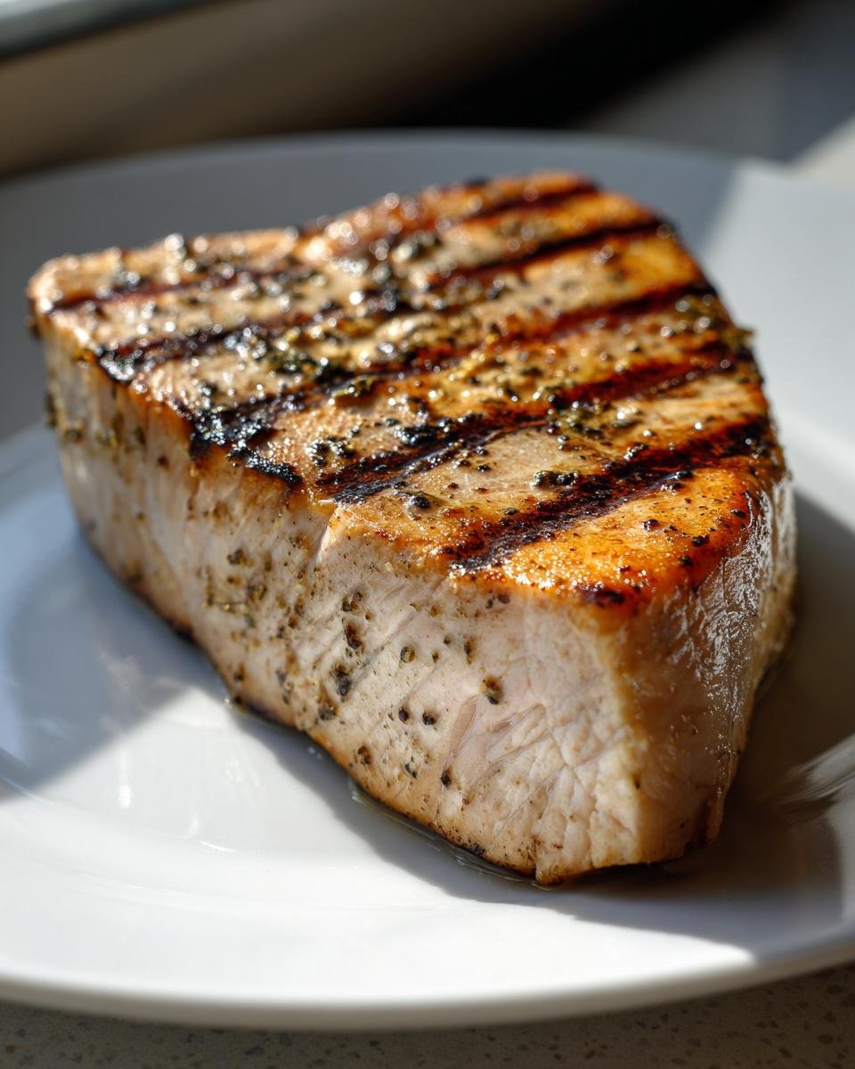 Close-up of a thick, perfectly cooked Grilled Swordfish steak with visible grill marks and herbs.