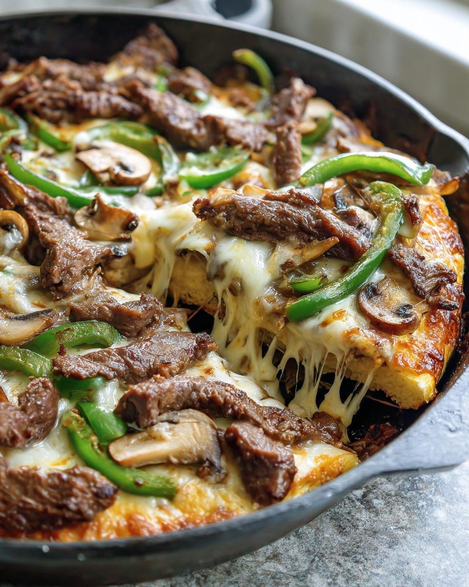 A slice being lifted from a skillet revealing melted, stringy cheese on top of the Philly Cheesesteak Skillet with steak, peppers, and mushrooms.