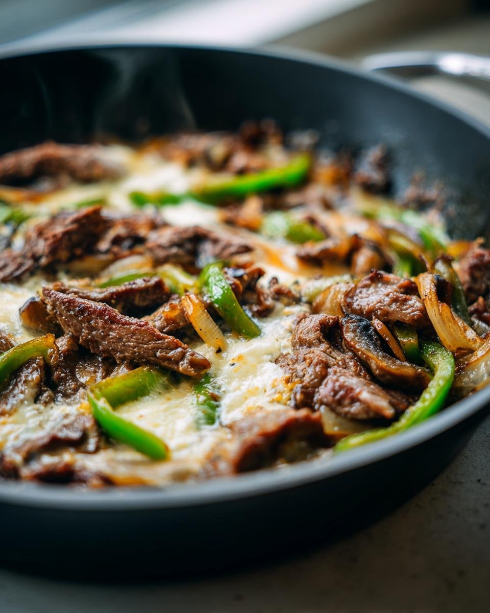 Close-up of a hot Philly Cheesesteak Skillet showing sizzling steak, green peppers, onions, and melted white cheese.