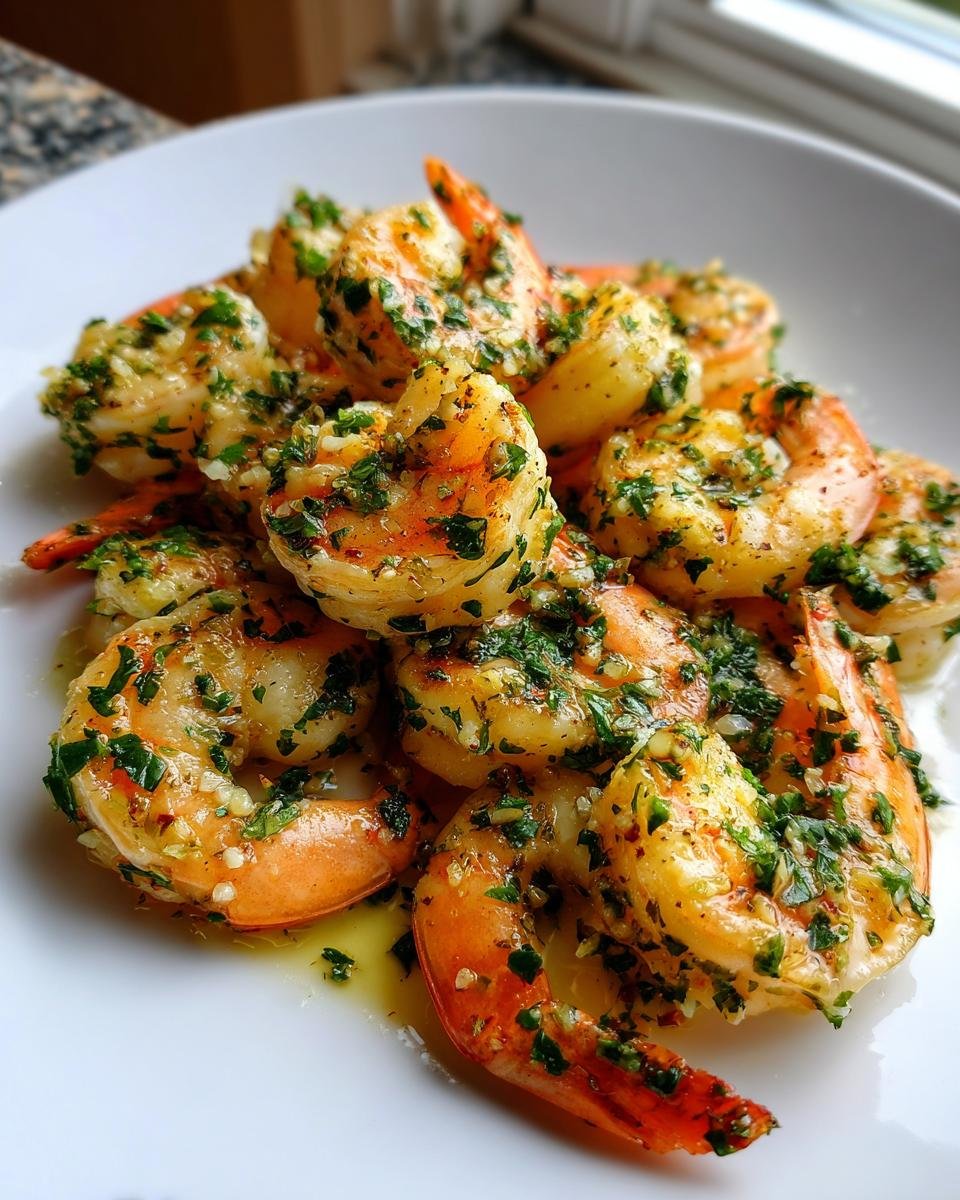 Close-up of bright orange, succulent Garlic Shrimp coated in a buttery sauce with fresh chopped parsley.