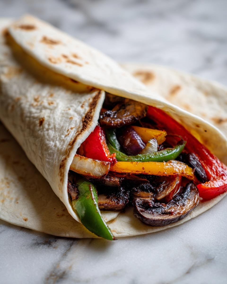 Close-up of a warm tortilla filled with saut&eacute;ed Portobello Mushroom Fajitas, colorful peppers, and onions.