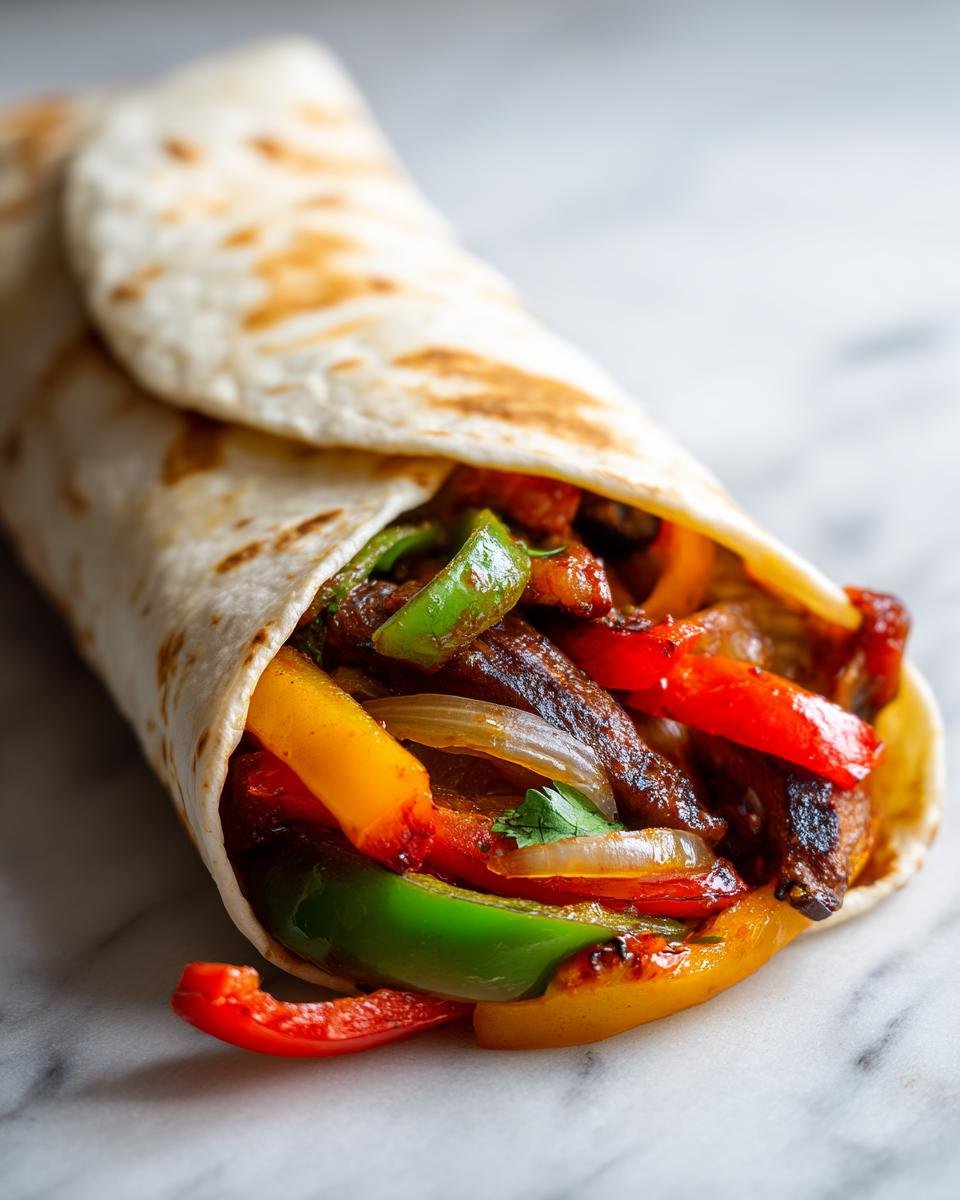 A close-up of a single Portobello Mushroom Fajitas wrap filled with grilled portobello strips, red, yellow, and green bell peppers, and onions.